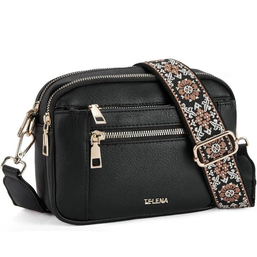 NWT Telena Black Crossbody Purse. Goldtone. Vegan. Adjustable Guitar Strap. Boho